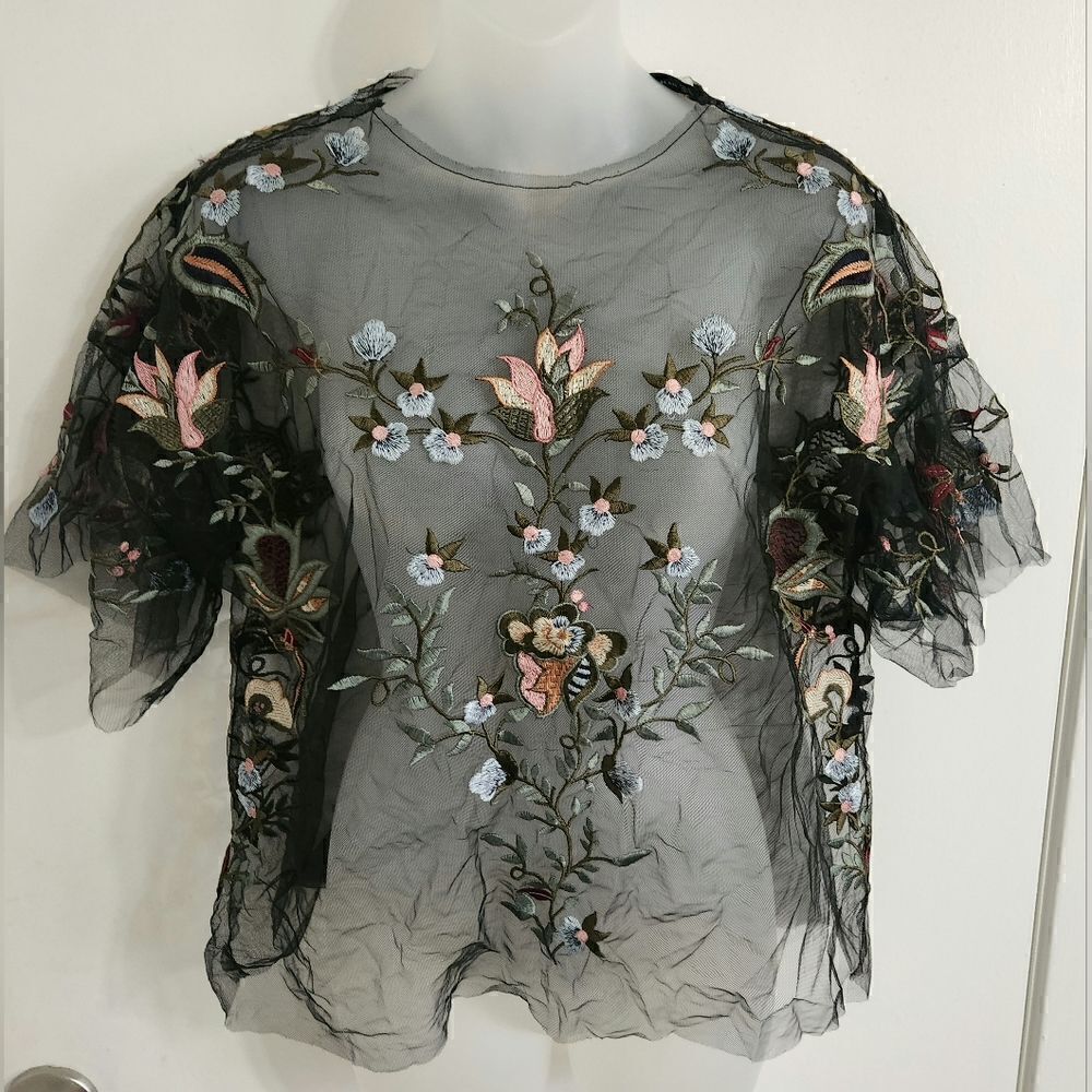 Zara Woman Black Floral Embroidered Tulle Blouse Womens Size Medium - Picture 6 of 12
